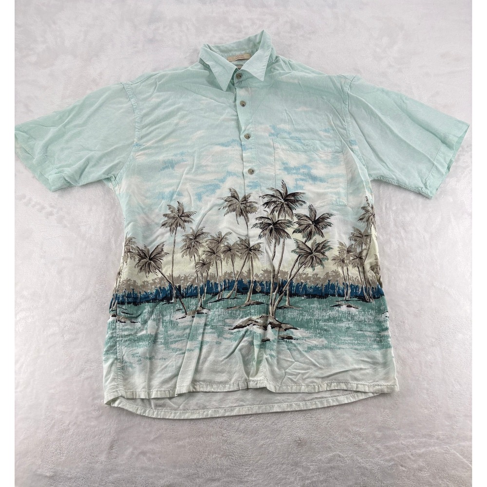 Campia Moda Shirt Medium Hawaiian Palm Tree Rayon Button Down Light Blue